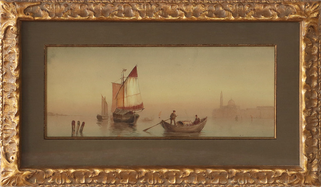 Gondola Watercolor Under Glass, Late 19th Century 25.5W X 15H
