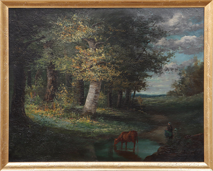 French Impressionist Oil Painting of Cow Grazing 30W x 25H - Cleared Art