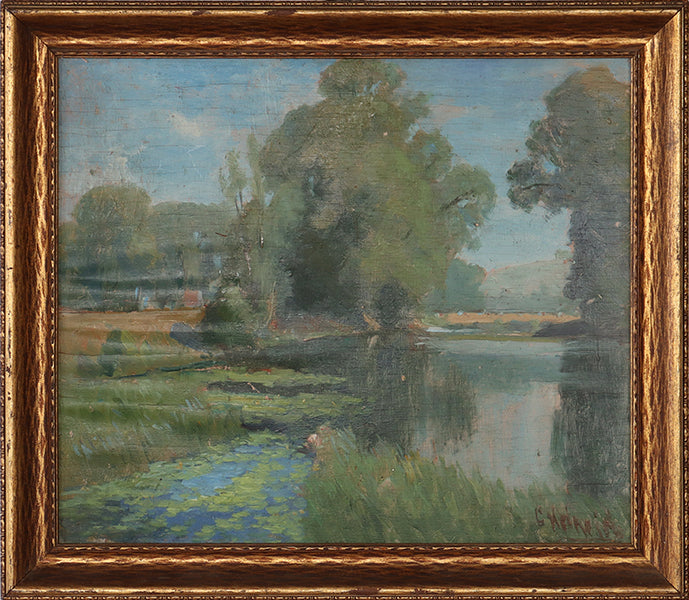 Early 1900s Landscape Oil Painting Summer Scene 18W x 16H - Cleared Art