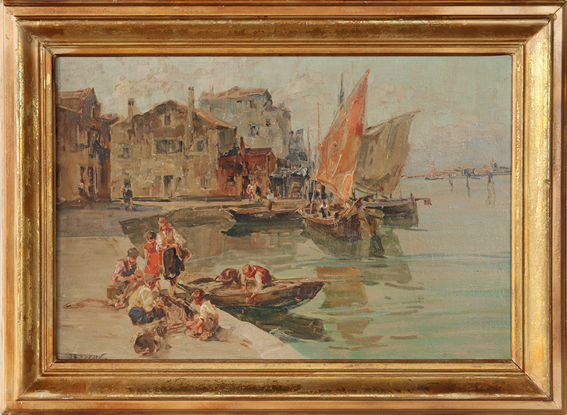 Antique Italian Impressionist Coastal Scene 33W x 24H - Cleared Art