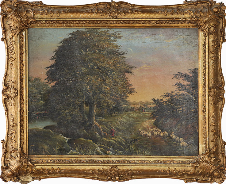 Early American School Sheep Grazing Landscape 20W x 16H - Cleared Art