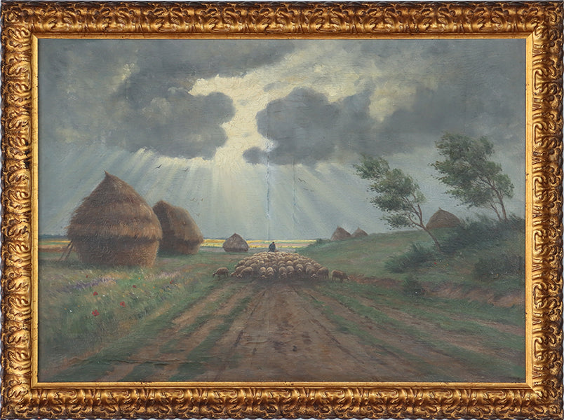 Antique European Oil Painting with Sheep Grazing 29W x 21H - Cleared Art