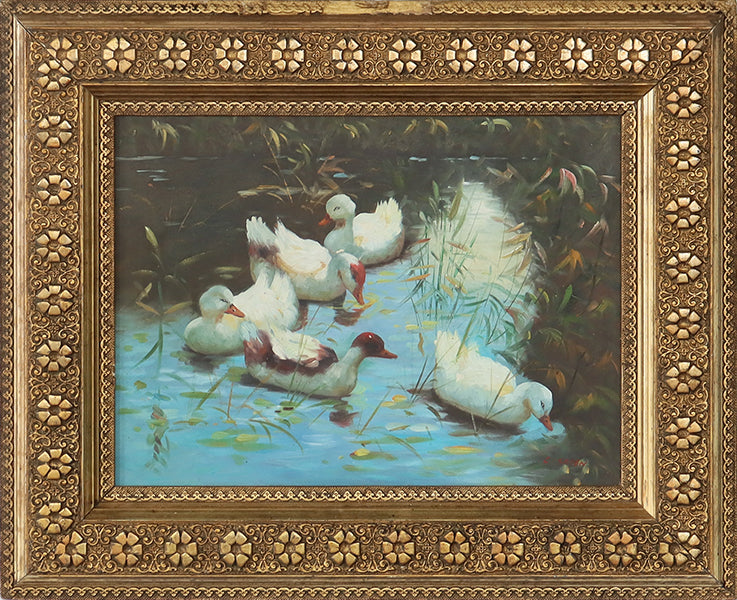 Antique American Impressionist Duck Pond 22W x 18H - Cleared Art