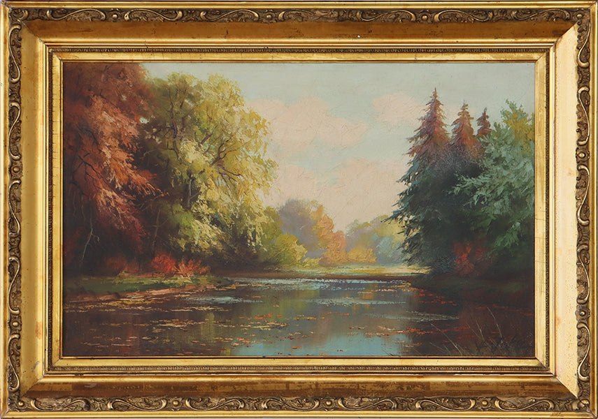 Antique European Fall River Landscape Scene 29.5W x 20.5H - Cleared Art