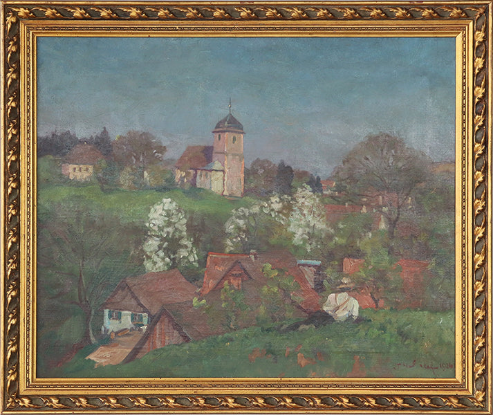 Antique French Impressionist Village Scene C. 1920s 27W x 22H - Cleared Art