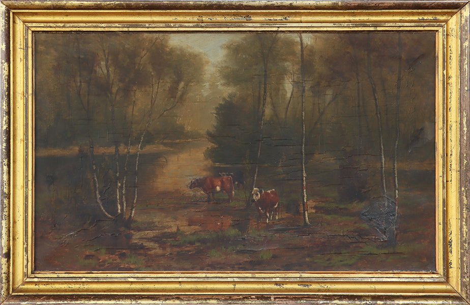 Hudson River School Cows Grazing Late 19th C. 34W x 22H - Cleared Art