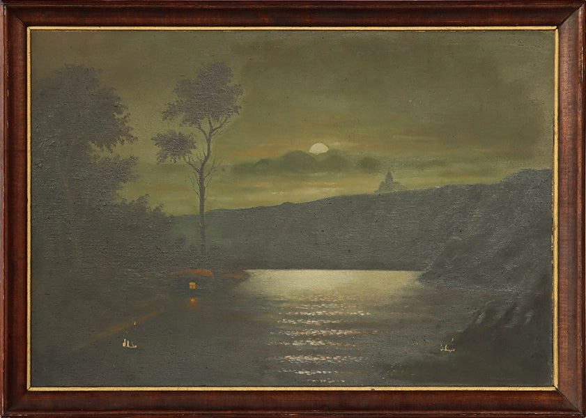 Moonlight Riverscape Oil Painting C. Early 20th Century 25W x 18H - Cleared Art
