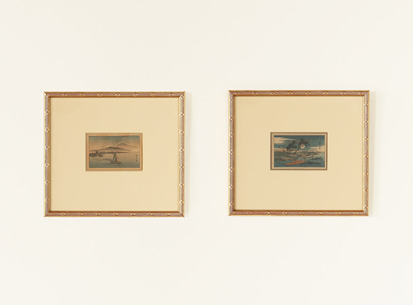 Pair of Miniature Japanese Woodblocks in Gold Frame 9.75W x 8.5H - Cleared Art