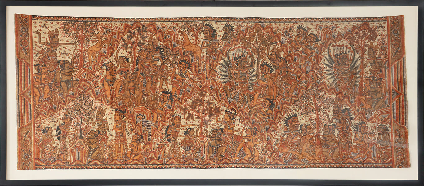 Antique Balinese Tapestry in Black Wooden Frame 89W x 38.5H - Cleared Art