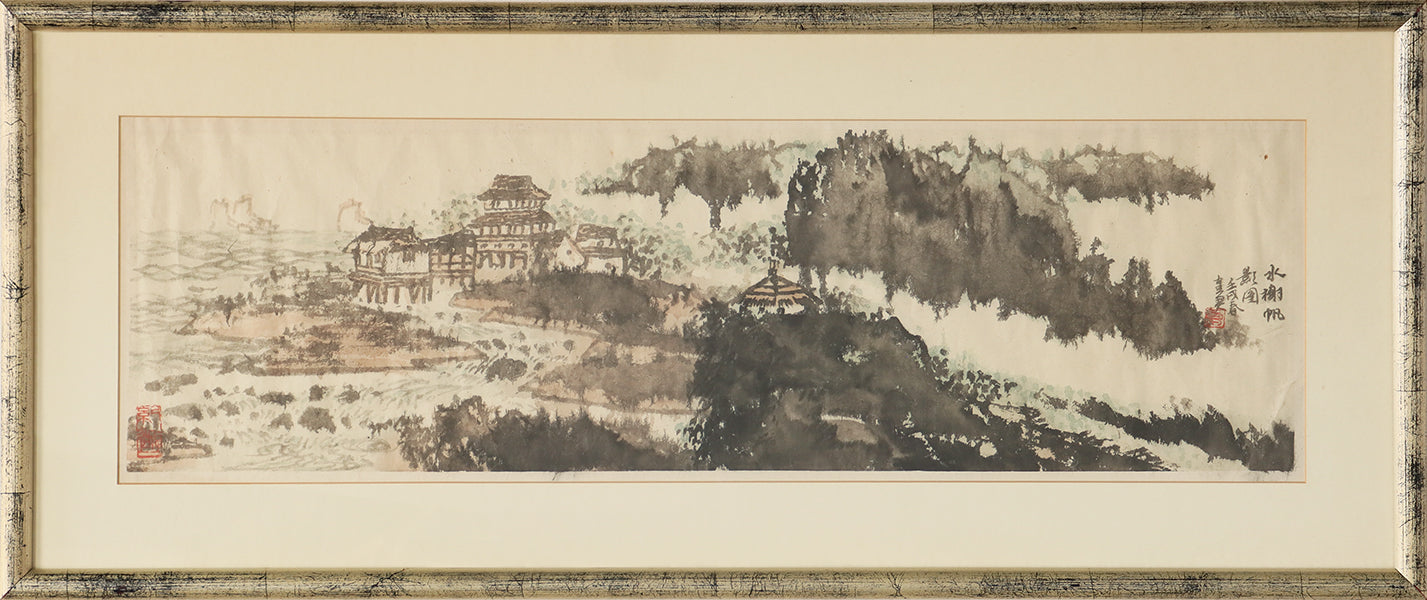 Antique Chinese School Watercolor of Seaside Town 37.75W x 15.75H - Cleared Art