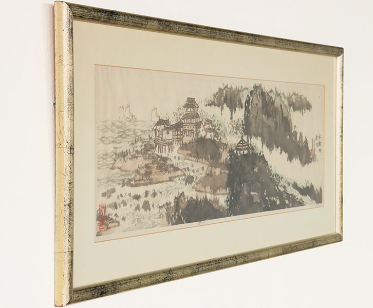 Antique Chinese School Watercolor of Seaside Town 37.75W x 15.75H - Cleared Art