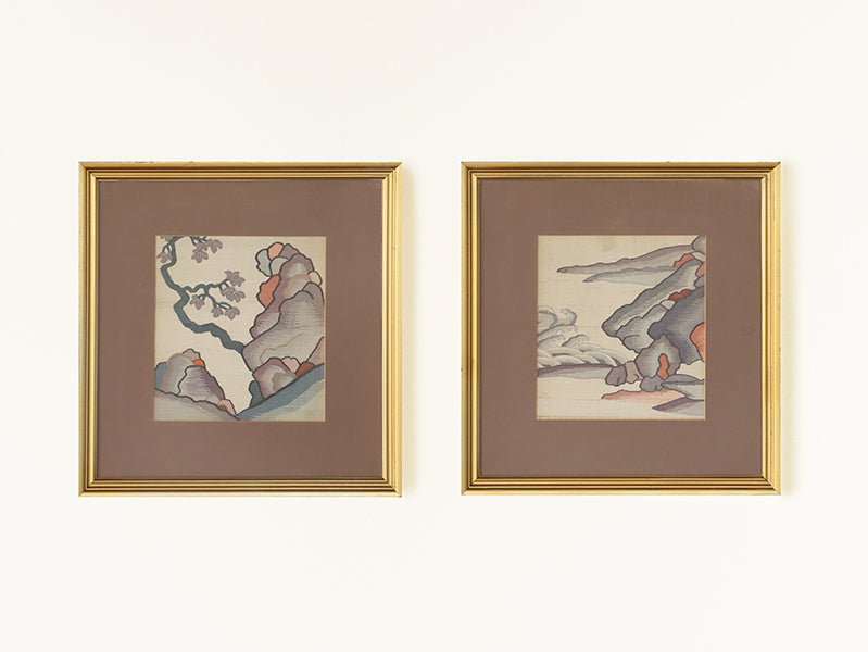 Pair of Antique Silk Japanese Textiles 16.75W x 17.75H - Cleared Art