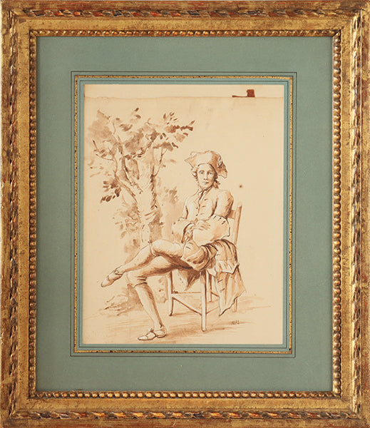 Antique European Drawing of Figure on Chair 16.5W x 19H - Cleared Art