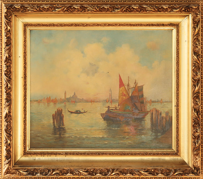 Large Antique Venice at Sunset Impressionist Oil, 34W x 30H - Cleared Art