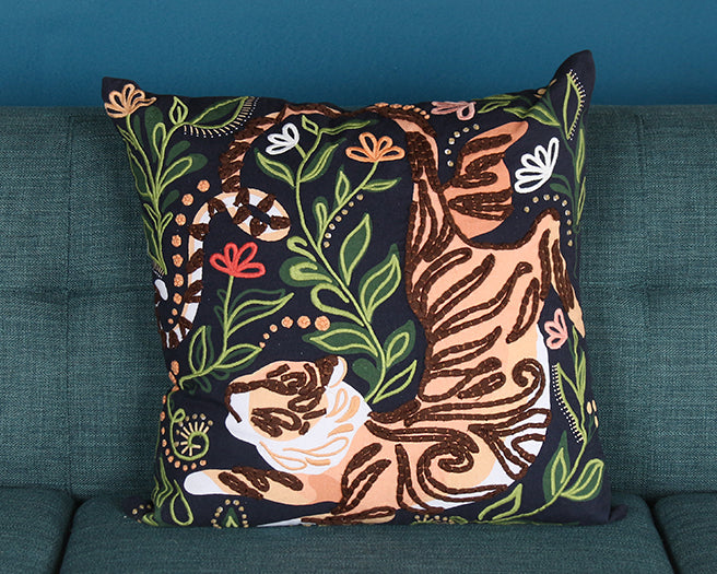 Black Floral Tiger Pillow - Cleared