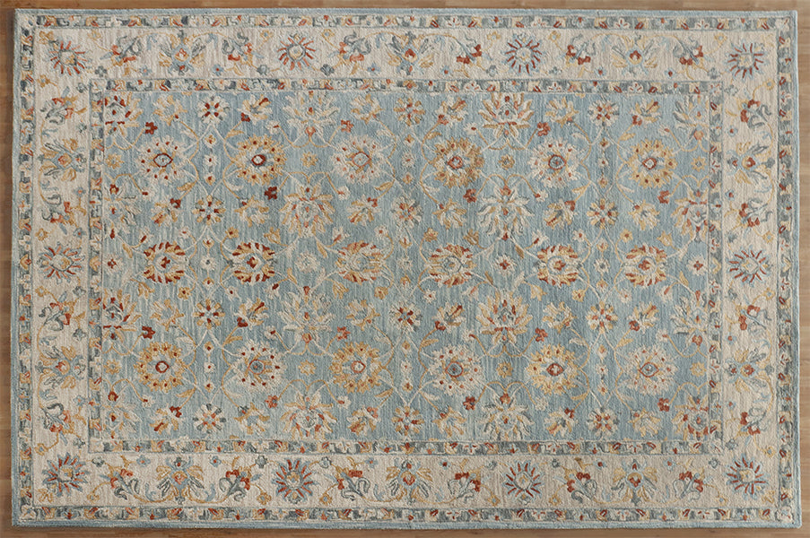 9'3" X 13' Blue & Natural Wool Hooked Rug - Cleared