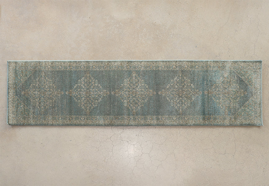 2'6" x 10' Aqua & Wheat Medallion Rug- Cleared