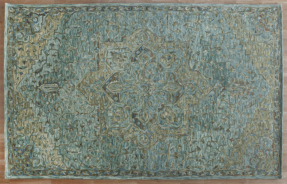 9'3" X 13' Green & Tobacco Wool Hooked Rug - Cleared