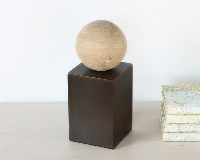 Travertine Ball w/ Steel Pedestal Sculpture - Cleared