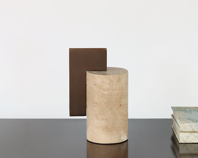 Travertine Column Sculpture w/ Steel Slab - Cleared