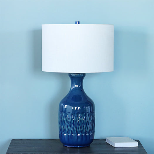 Carved Ocean Blue Ceramic Table Lamp- Cleared