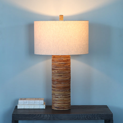 Cylinder Table Lamp With Rattan Strips- Cleared