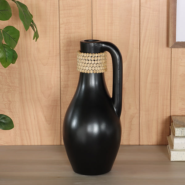 Black Concrete Vessel with Handle & Beaded Neck - Cleared