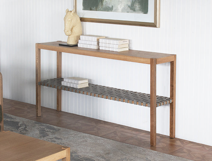 Natural Wood Console With Grey Woven Leather Shelf