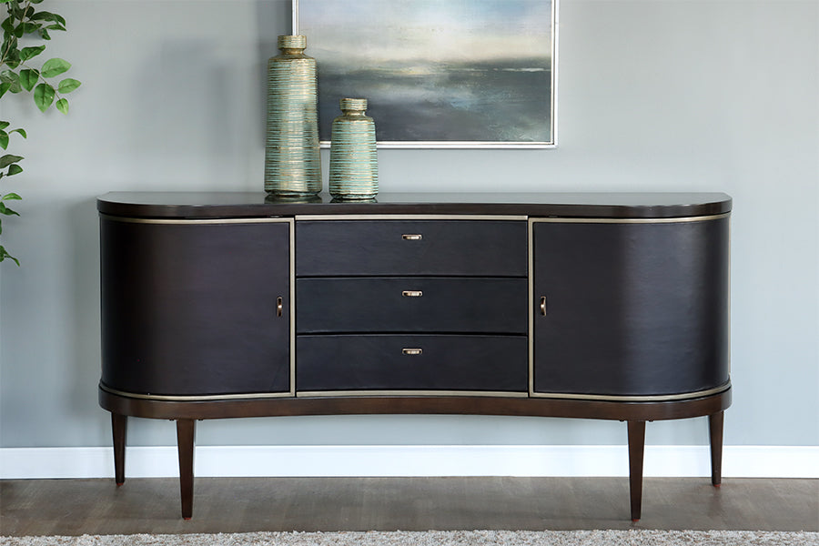 Dark Eucalyptus Wood Curved Console w/ Bronze Trim