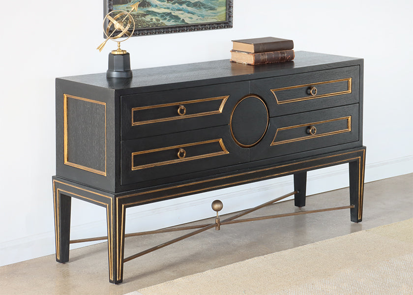 Black with Gold Inlay Credenza on Stretcher Base