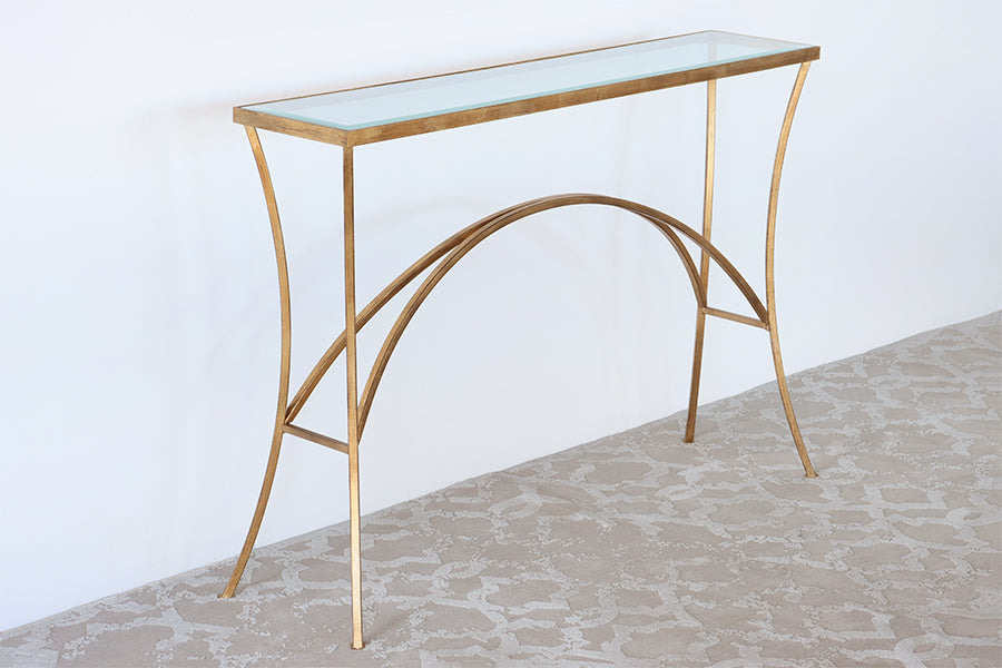 Gold Leaf Console with Arched Base and Glass Top - Cleared