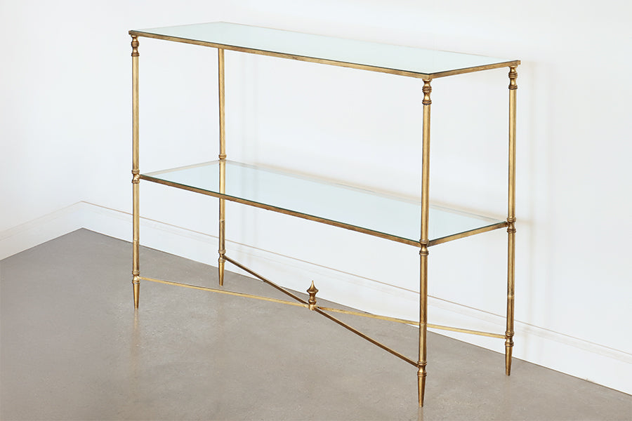 Gold Leaf Console with Mirror Top and Stretcher - Cleared