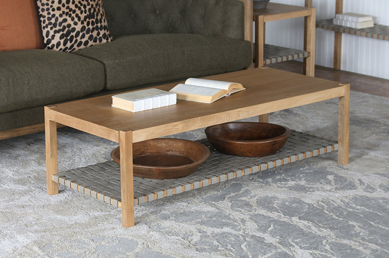 Natural Wood Coffee Table Woven Grey Leather Shelf