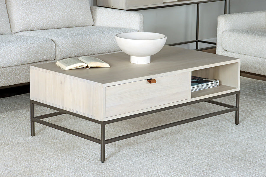 Light Poplar 1 Drawer Coffee Table w/ Leather Pull