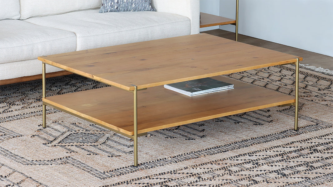 Natural Oak Coffee Table with Antique Brass Base