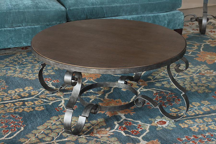 Scrolled Steel and Rustic Taupe Wood Coffee Table