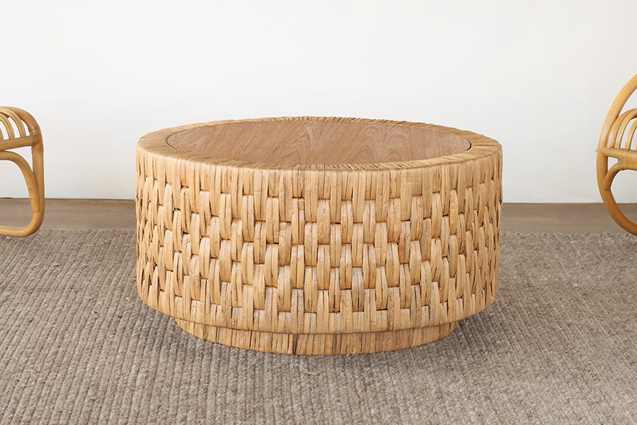 Round Woven Seagrass Coffee Table with Teak Top