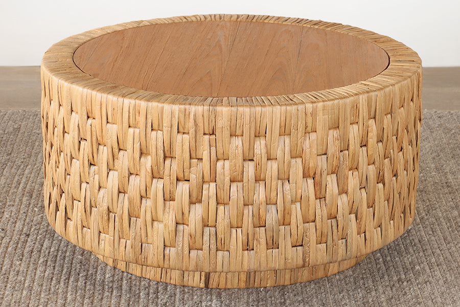 Round Woven Seagrass Coffee Table with Teak Top