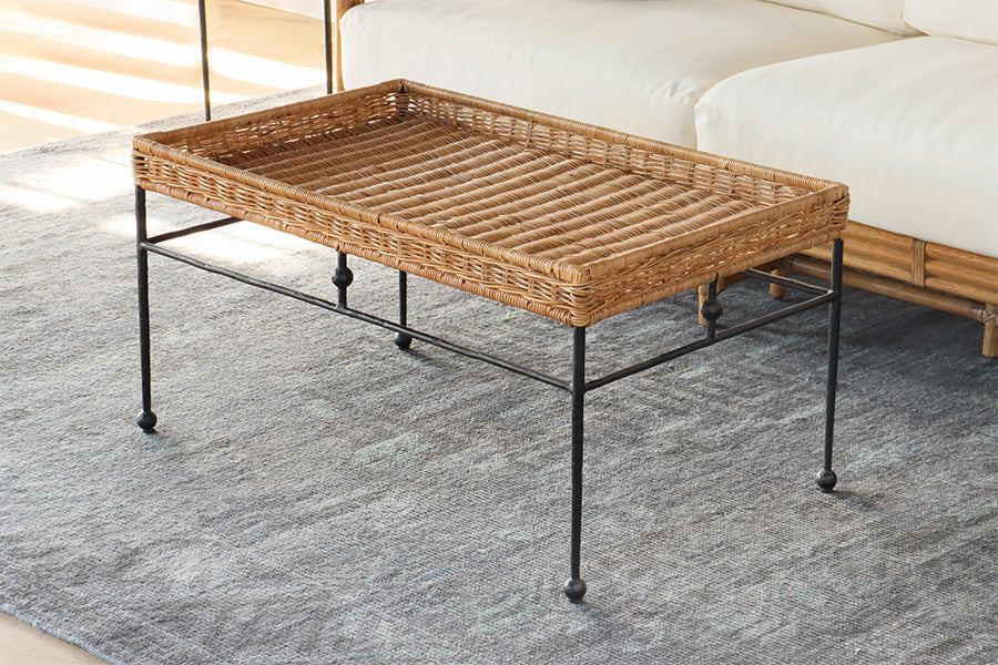 Wicker Coffee Table with Black Wrought Iron Base