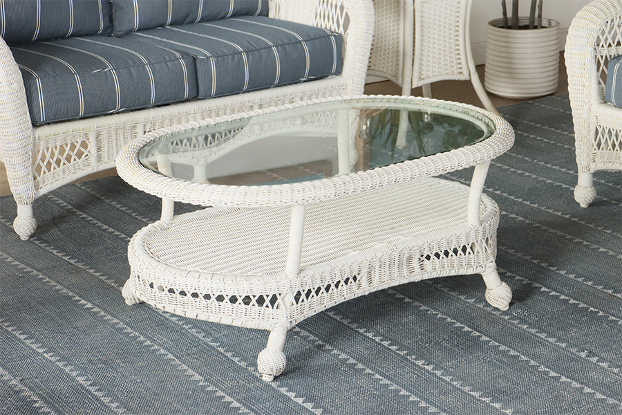 White Wicker Coffee Table with Glass Top