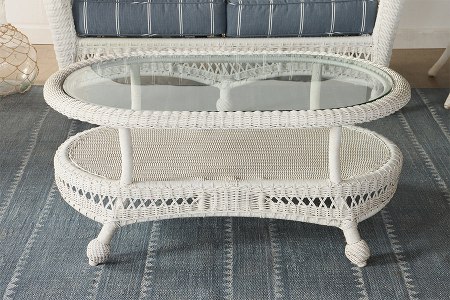 White Wicker Coffee Table with Glass Top