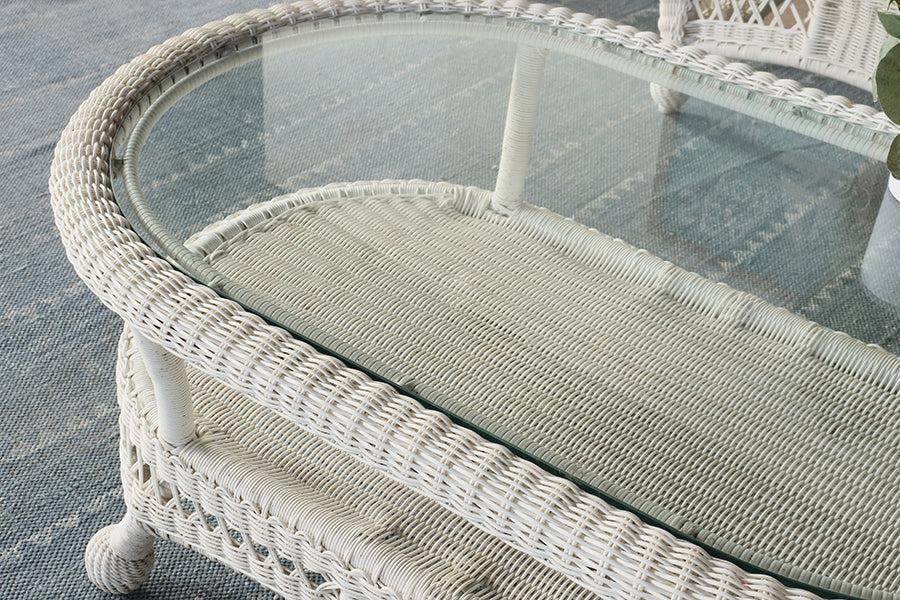 White Wicker Coffee Table with Glass Top
