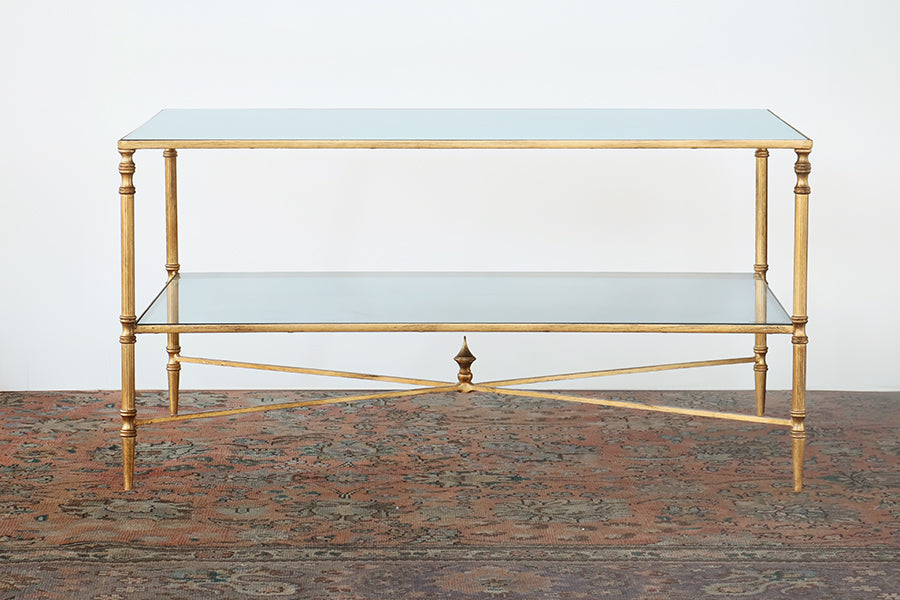 Gold Leaf Coffee Table w/ Mirror Top and Stretcher - Cleared