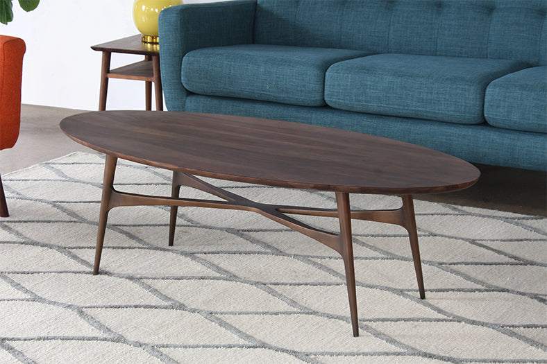 Walnut & Antiqued Brass Oval Coffee Table