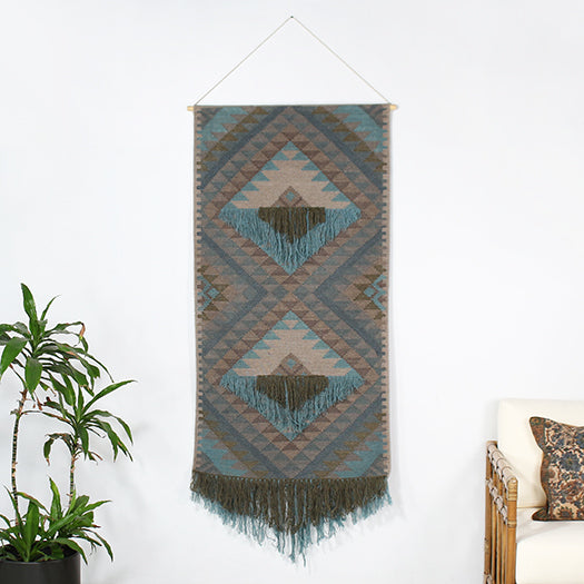 DECOR46 - Olive & Sky Blue Tribal Wall Hanging 30W X 60H