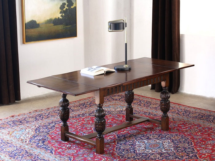 DK113 Ornate Carved Oak Draw Leaf Library Table, Circa 1960