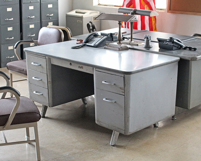 Gray Metal Desk with 5 Side Drawers