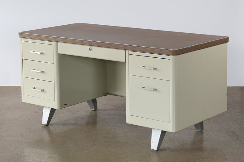 Beige Metal Desk With Two File Cabinets