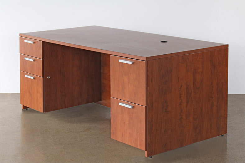 Golden Cherry Desk With Two File Cabinets
