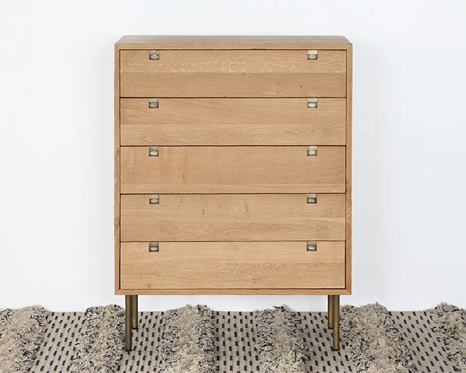 Danish Modern Natural Oak 5 Drawer Dresser With Brass